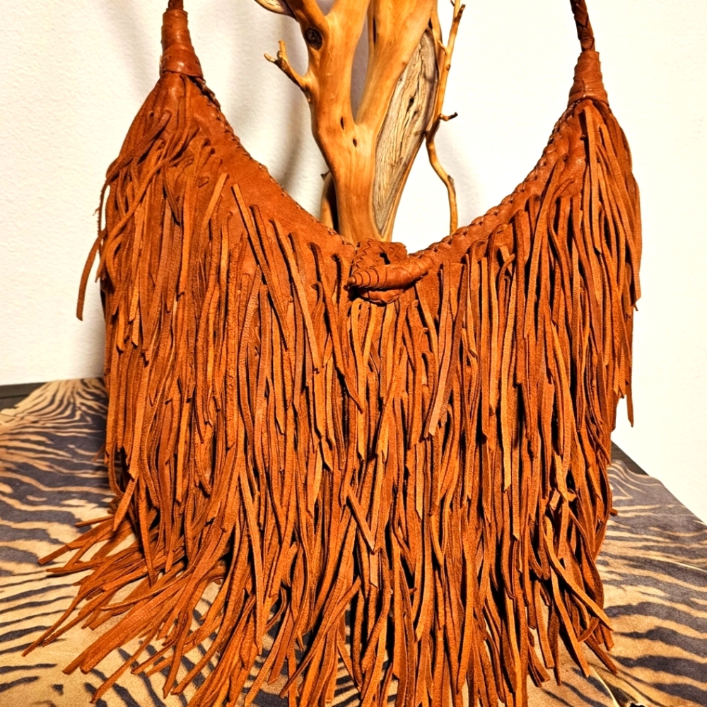 EN SHALLA Cognac Suede Fringe BoHo Handbag Vintage NWOT